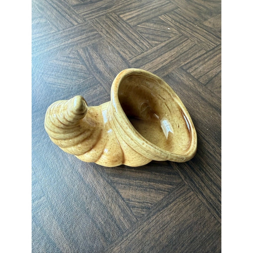 Vintage Speckled Yellow Ceramic Cornucopia Planter Horn of Plenty Decor